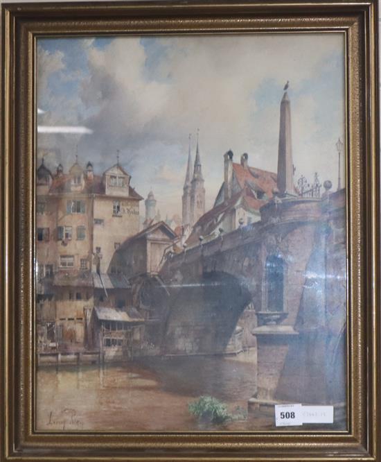 Lorenze Ritter (German 1831-1921), watercolour, A bridge at Tharlesbruke, Nuremberg, signed, 62 x 50cm